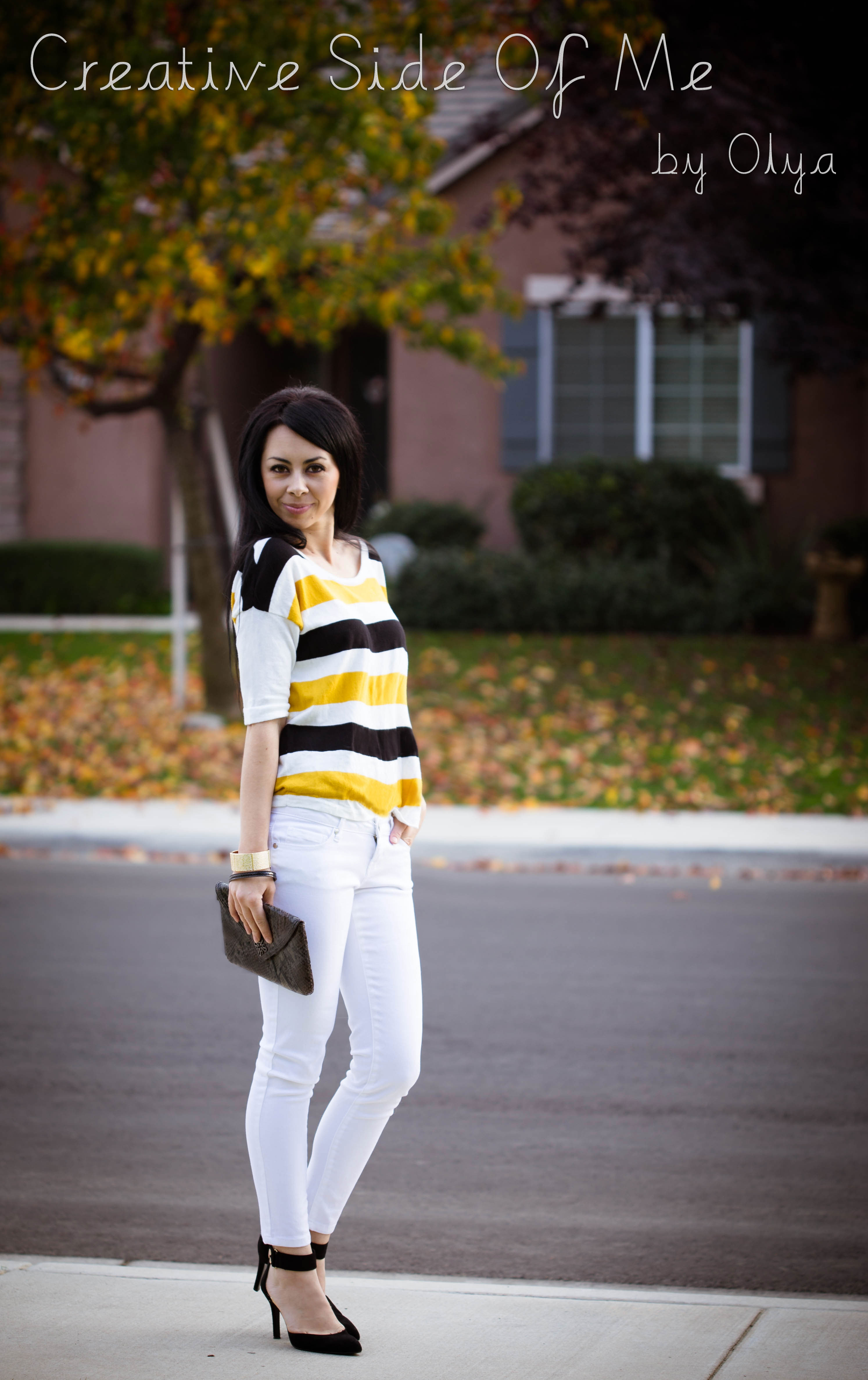 black and white with yellow outfit